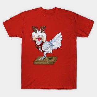 Splash Polish Rooster In An Ugly Christmas Sweater Vest, Reindeer Antlers, And Gift T-Shirt